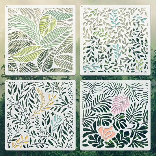 4 PCS Wall Stencils for Painting, 8x8 Inch Reusable Leaf Pattern Stencils for Crafts, Furniture, Canvas and Home Wall Decor DIY Art Projects Templates